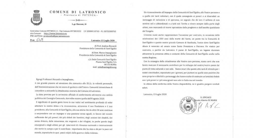 Latronico, città di cui Sant'Egidio è patrono, conferirà la cittadinanza onoraria ad Andrea Riccardi e Marco Impagliazzo: 