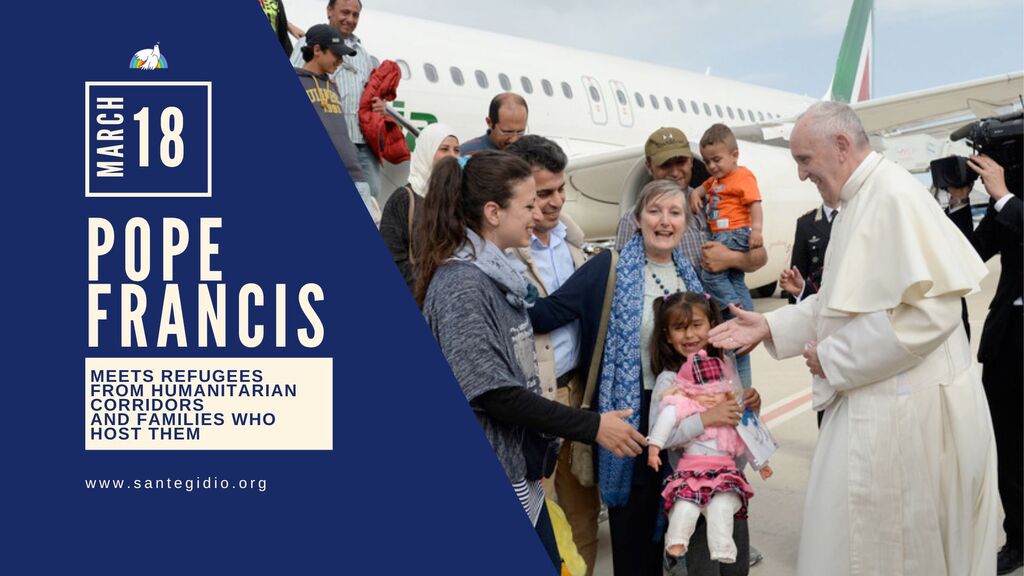 Paus Franciscus met de vluchtelingen van de humanitaire corridors en de gezinnen die hen opvangen: audiëntie op zaterdag 18 maart in het Vaticaan