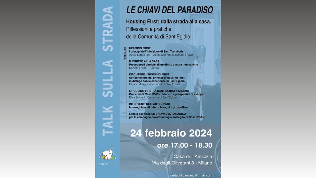 Il 24 febbraio a Milano il Talk "Le chiavi del paradiso". Housing first dalla strada alla casa. Via degli Olivetani 3, ore 17